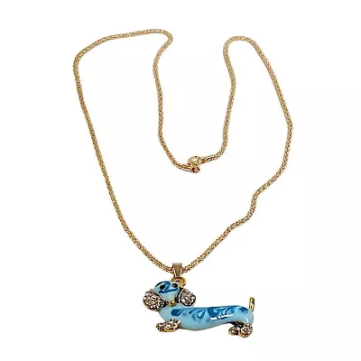 Dog Pendant Necklace 28  Gold Plated Blue Enamel Rhinestone Dachshund Boho Gift • $21.88