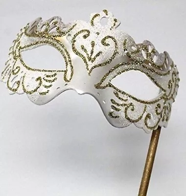 White & Gold Rialto Venetian Masquerade Party Carnival Ball On Hand Held Stick • £13.99