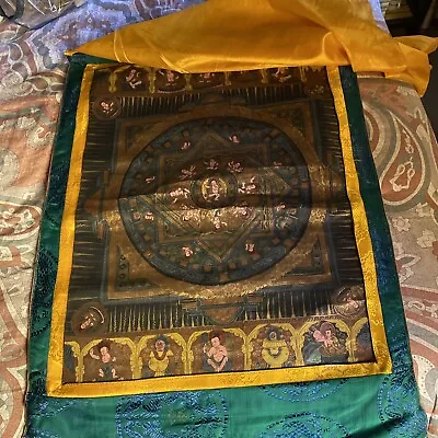 HAND-PAINTED TIBETAN THANGKA MANDALA UNIQUE BUDDHIST Wall ART Silk Screen 25/19” • $49.52