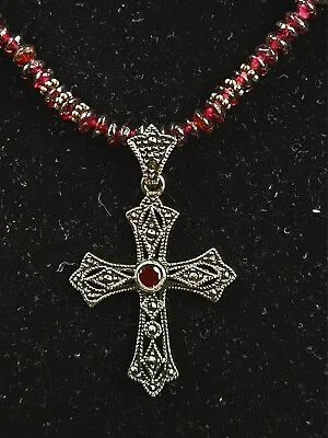 Vintage Bohemian Cross Sterling Silver Pendant Natural Garnet Chip Necklace  • $75