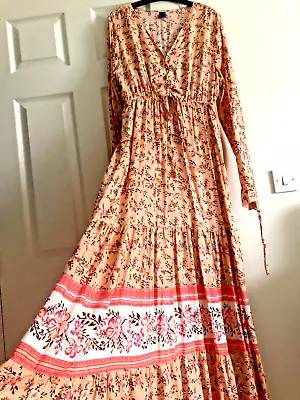 Shein Peach Floral Print Boho Long Sleeve Very Long Maxi Dress Size L 12-14 • $16.79