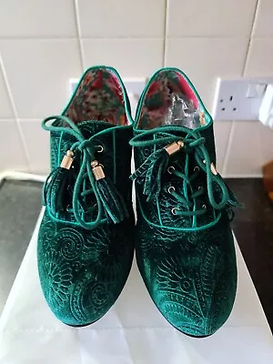 JOE BROWNS Green Faux Velvet Tassel Lace Up Heeled Shoe Boot UKSize 8 Ex Wide BN • £17.99