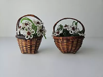 Lot Of 2 Beautiful And Unique Vintage Seed Beaded Flower Basket Arrangements • $59.95