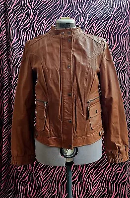 Vintage Moda International 70s Style Moto Leather Jacket Sm Brown Y2k 2000s Flaw • $15.99