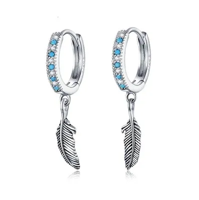 $28.99 • Buy SOLID Sterling Silver Hoop Bohemian Feather Turquoise Earrings -YOUnique Designs