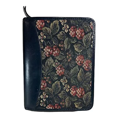 Franklin Quest Compact Floral Tapestry Blue Leather Zip Binder Aniline Planner • $57