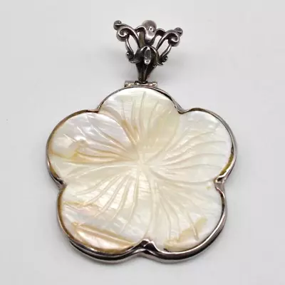 925 Mother Of Pearl Abalone Sterling Silver Carved Flower Pendant K121 • $35.99