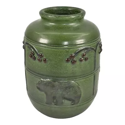 Ephraim Faience 2007 Hand Made Pottery Bear In The Orchard Matte Green Vase A24 • $495