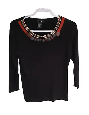 RQT Black Rib Knit Embroidered Sweater Top Blouse  Wood Beads L • $6.45