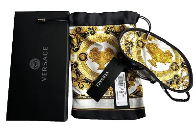 VERSACE $275 Barocco & Robe MedusaLion Silk Eye Mask W/ Case White/Gold NIB • $89