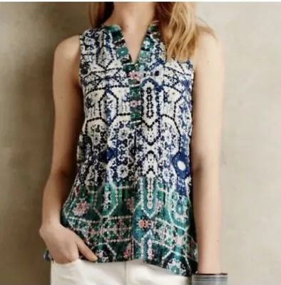 Anthropologie Vanessa Virginia Massi Silk Tank Top Shirt Blue Print Size 2 • $15.53