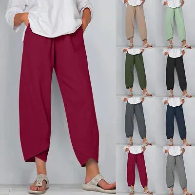 Plus Size Womens Cotton Linen Baggy Harem Pants Ladies Summer Loose Trousers UK • £10.49