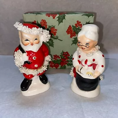 VTG MCM NAPCO Santa Mrs Claus W/ Spaghetti Trim Salt Pepper Shakers W/ BOX! • $39.99