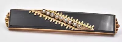 Victorian Solid Gold Black Onyx Seed Pearl Mourning Bar Pin Brooch • $725