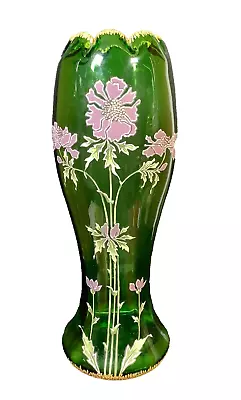 Legras Art Nouveau Floral Hand Enameled Floral Green Glass Vase France 13.5” • $259