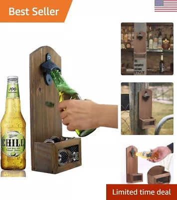 Wooden Wall Mounted Bottle Opener With Cap Catcher - Rustic Beer Lover Gift • $27.99