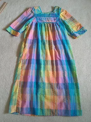 Saybury Dress Womens Rainbow Seersucker Smocked Boho House Vintage 60s 70s * • $36