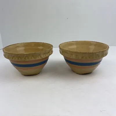 Set Of 2 Antique McCoy Mixing Bowls - Pie Crust Edge Pink / Blue Stripe • $49.95