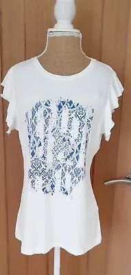 Linea Tesini Ladies Ivory Ruffle Sleeve Print T-shirt Top Blouse Size 16 NEW • £9.09