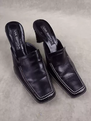 Via Spiga Vintage Black Leather Mules W/ White Topstitching 8.5 M GUC • $19