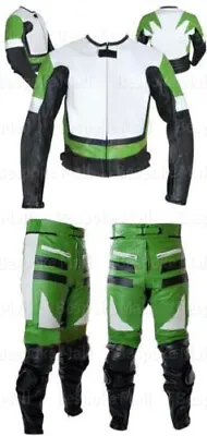 New Men's Motorcycle Racing Green White Leather Two Piece Suit Safety Pads-553 • $347.99