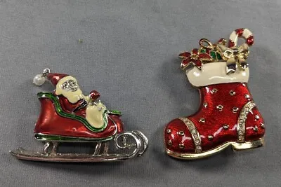 2 Monet Christmas Enamel Pin Brooches 1 Stocking And 1 Santa In Sleigh • $25