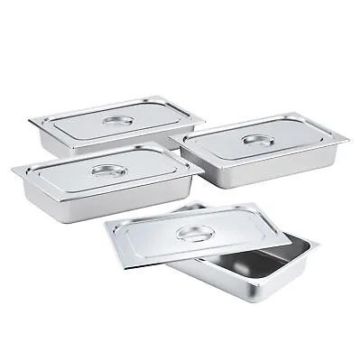 4 Pack Steam Table Pan Set 14 Quart Full Size Stainless Steel Food Pans And Lids • $51.72