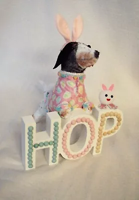 Felt Dachshund Black Tan Piebald Bunny Sculpture On HOP Easter Sign Spring Decor • $32