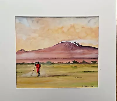  Maasai Warrior At Kilimanjaro  - East Africa Matted Watercolor Painting • £49.83