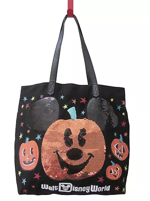 NWT WALT DISNEY WORLD Sequin MICKEY Pumpkin Head W/ Stars HALLOWEEN Tote Bag • $9