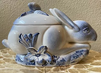 Vtg Nove Italy Italian Majolica Bunny Rabbit Tureen White & Blue Marked No Spoon • $80