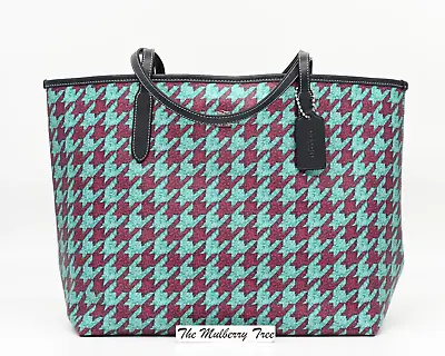 COACH CITY TOTE Teal Wine Houndstooth Print Canvas & Leather CJ626 NWT $398 • $179