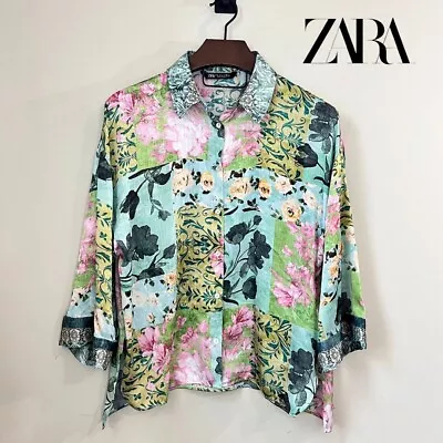 Zara Floral Patchwork Satin Blouse L Green/Pink NWOT Flowy Spring Button Down • $34.99