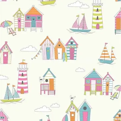 Cotton Fabric - Seaside Beach Huts Sailing Boat Lighthouse Craft Fabric Material • £9.99