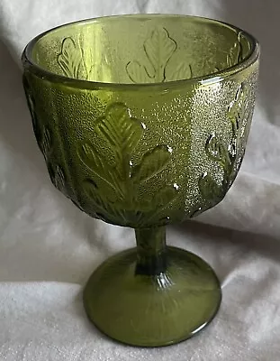 Vintage FTD 1975 Olive Green Glass Goblet/ Vase Raised Oak Leaf Pattern • $15