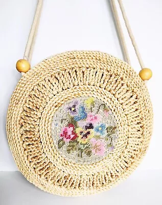 Vintage Cross Stitch Floral Basket Weave Crossbody Purse Rope Wood Beads Womens  • $34.95