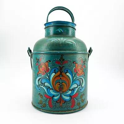Folk Art Vtg Hand Tole Painted Flowers Metal Milk Dairy Canister Pail Toleware • $88