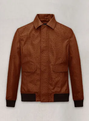 Tan Brown Ostrich Robert Pattinson Leather Jacket Bomber Style Genuine Lambskin • $200