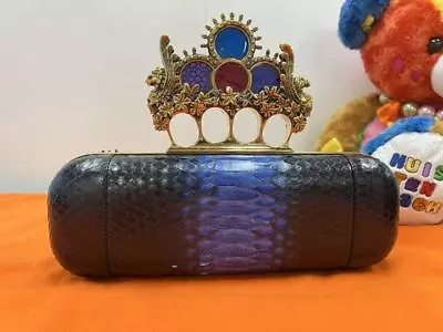 Authentic Alexander McQueen 4 Ring Knuckle Clutch Bag In Blue/Black Leather • $728.12