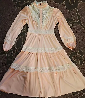 Paper Moon By Yvette VTG Peach Lace Tiered Victorian Prairie Bohemian Midi Dress • $65