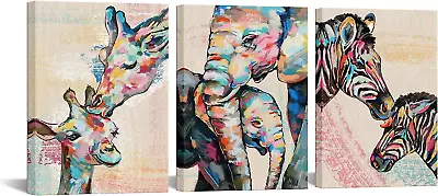 3 Piece Animal Canvas Wall Art Cute Zebra Elephant Giraffe Canvas Print Family C • $47.99