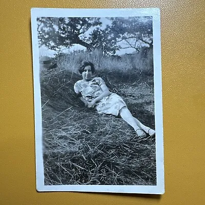 ORIGINAL Vintage Photo Girl (Marjorie Manning) Lying In The Hay Cute Dress • $12