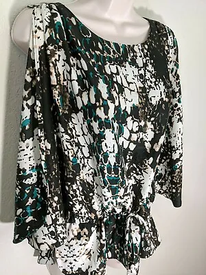 ECI New York Sleeveless Tie Waist Blouse Teal & Black Print Keyhole Back Size S • $6.79