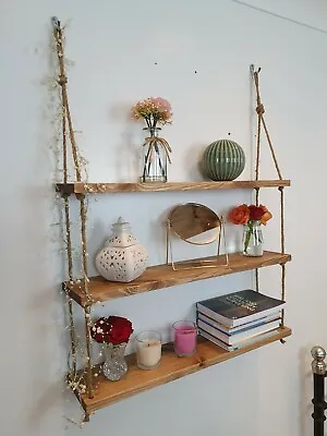 Handmade Wall Mounted Hanging Floating Rope Shelf Rustic 1/2/3 Tiers  • £77.85