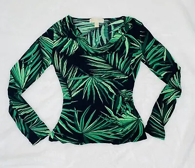 Michael Kors Palm Leaf Print Cowl Neck Long Sleeve Green Top Women Size M • $25.99