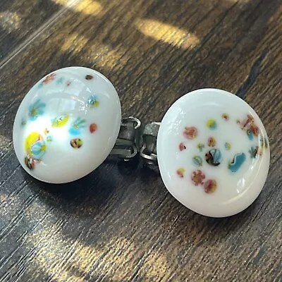 Vintage Tombo Glass Cabochons Millefiori Floral White Clip On Earrings • $9