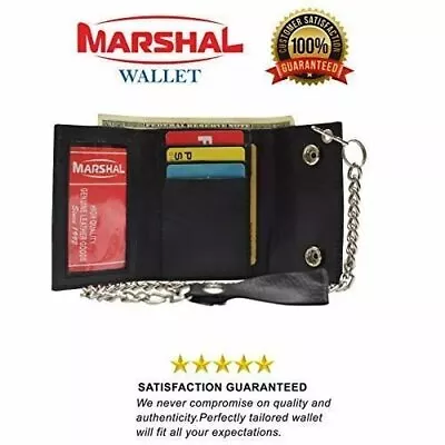 Men's Genuine Leather Black Trifold Wallet With Chain Biker Trucker Motorcycle • $13.49