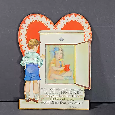 VINTAGE VALENTINE'S DAY CARD Theme: FRIGID-AIR Girl In Refrigerator ODD CARD • $16