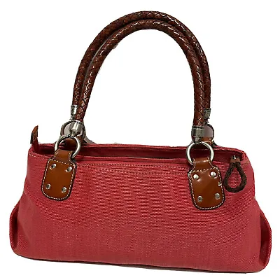 £62.70 • Buy Fossil 1954 Salmon Magenta Canvas Satchel Leather Braided Handle Hand Bag Purse
