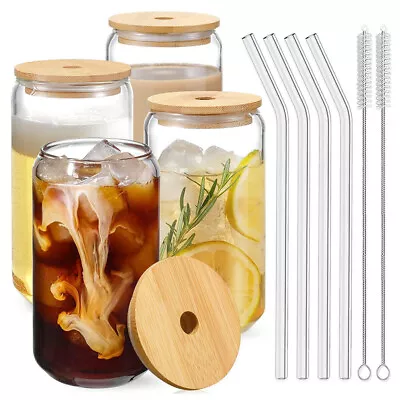 4Pcs Personalised Glass Smoothie Iced Coffee Cup With Glass Straw And Bamboo Lid • £13.69